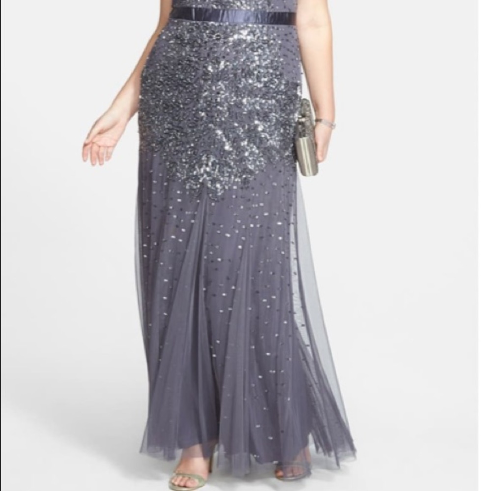Adrianna papell Gunmetal grey sequin& beaded cap sleeves Long Dress - Picture 11 of 15